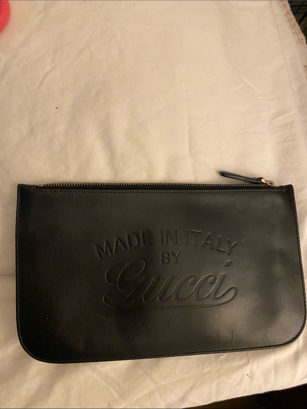 Gucci Black Embossed 'Made in Italy' Leather Toiletry Pouch, Wristlet or Clutch